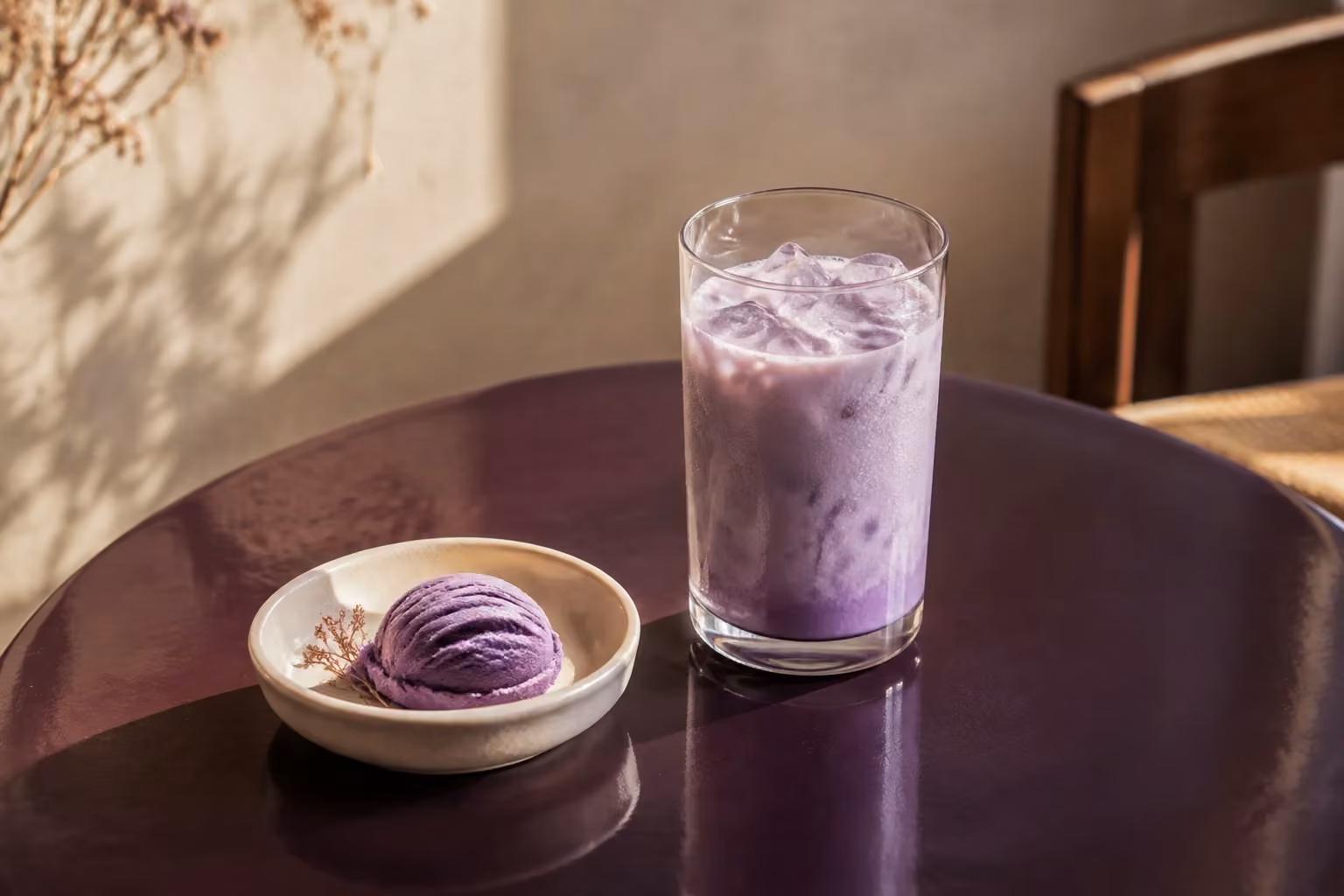 Illustrative ube latte and gelato