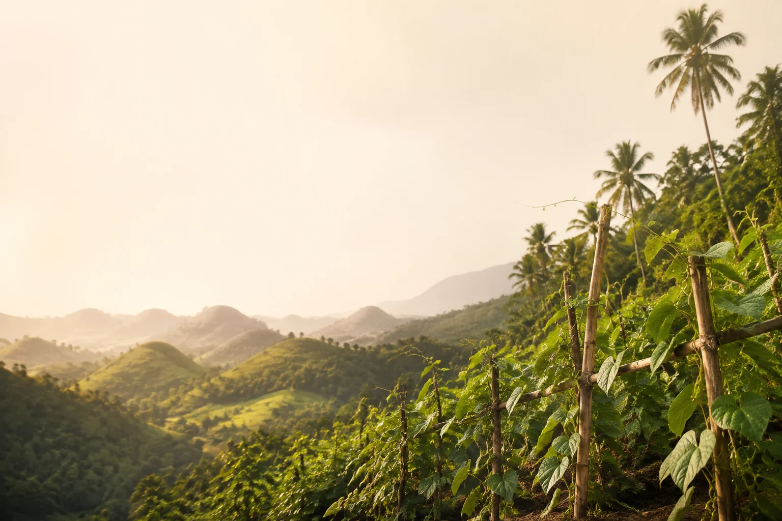 Illustrated Philippine countryside with bamboo supports and climbing yam vines