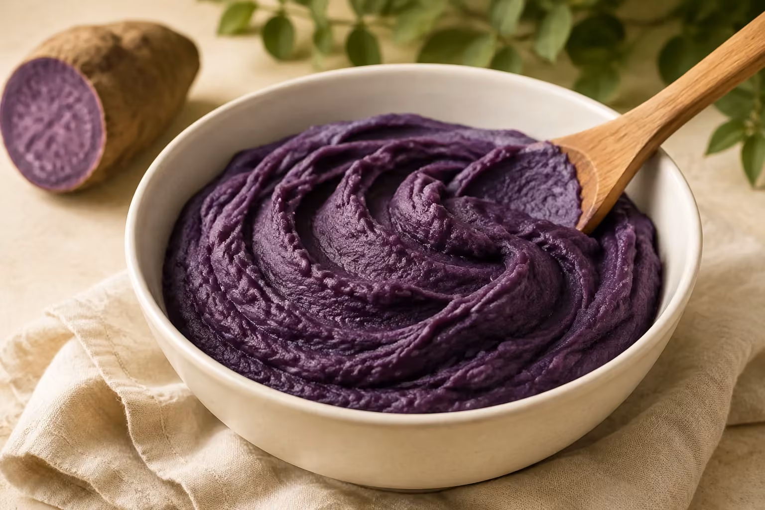 Illustrative cooked purple ube purée in a ceramic bowl