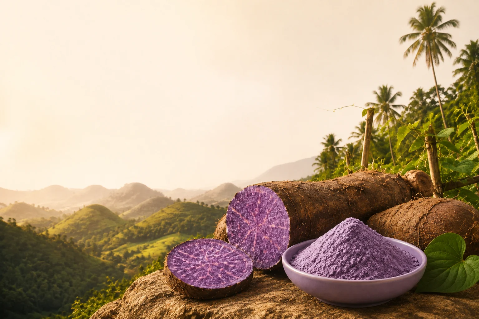 Editorial illustration of Philippine hills, climbing yam vines and cut purple ube with a bowl of powder